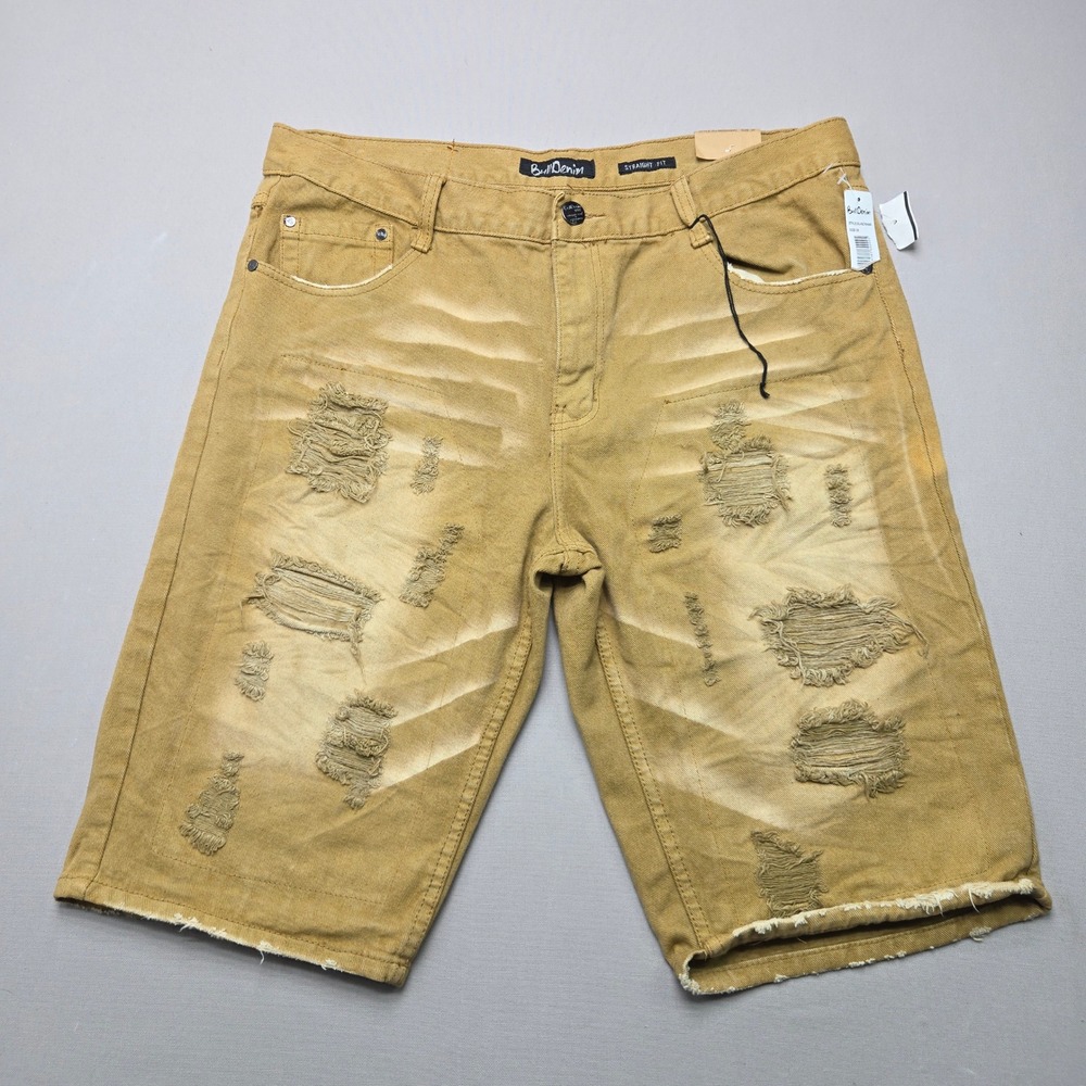 Bull Denim Shorts RJ-0927KHAKI Distressed Straight Fit Khaki Men Size 38 NWT